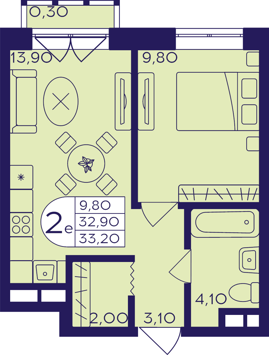 2 ккв (Евро) 33,2 м²