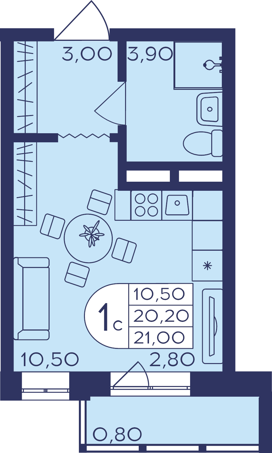 Студия 21 м²