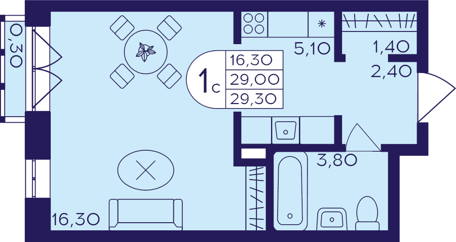 Студия 29,3 м²