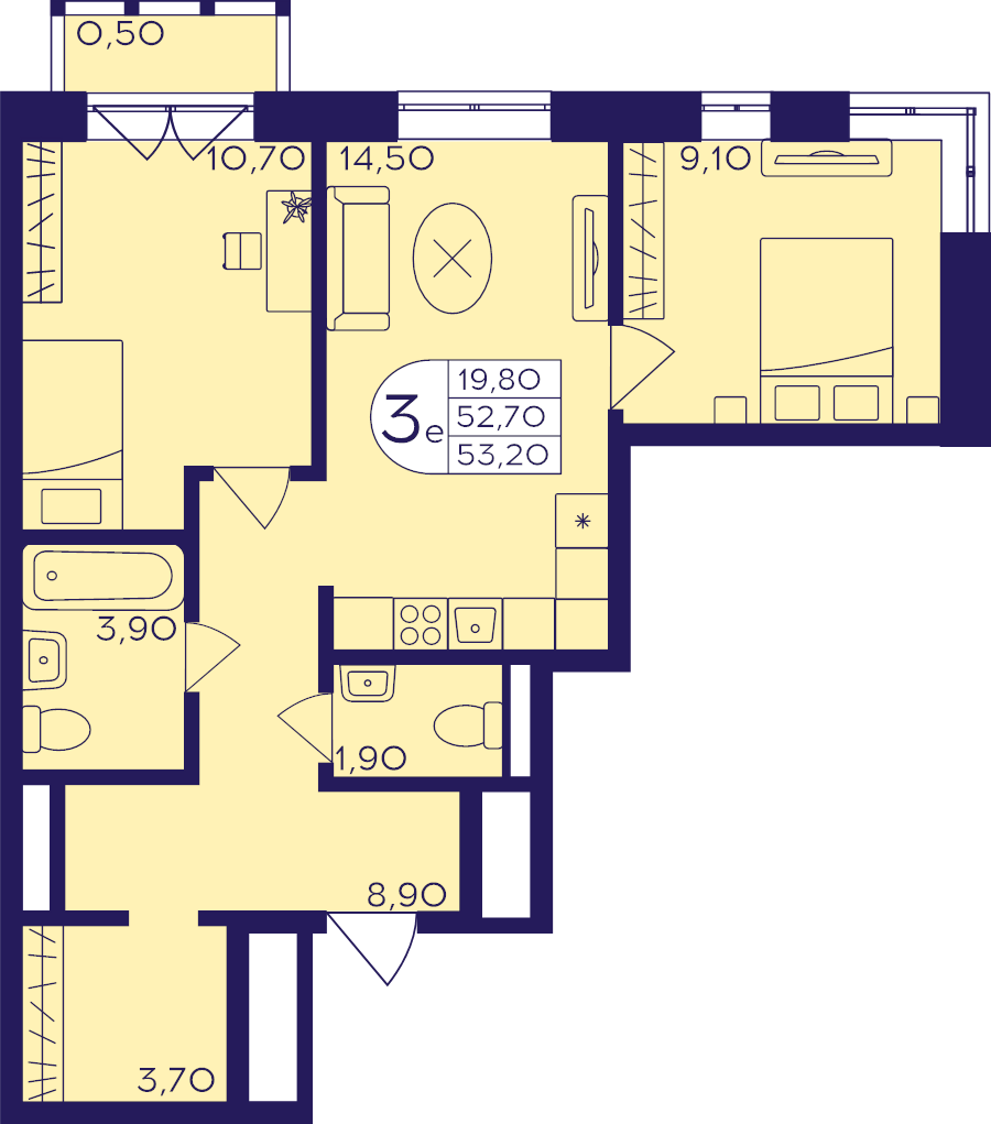 3 ккв (Евро) 53,2 м²