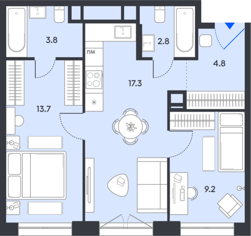 3 ккв (Евро) 51,6 м²
