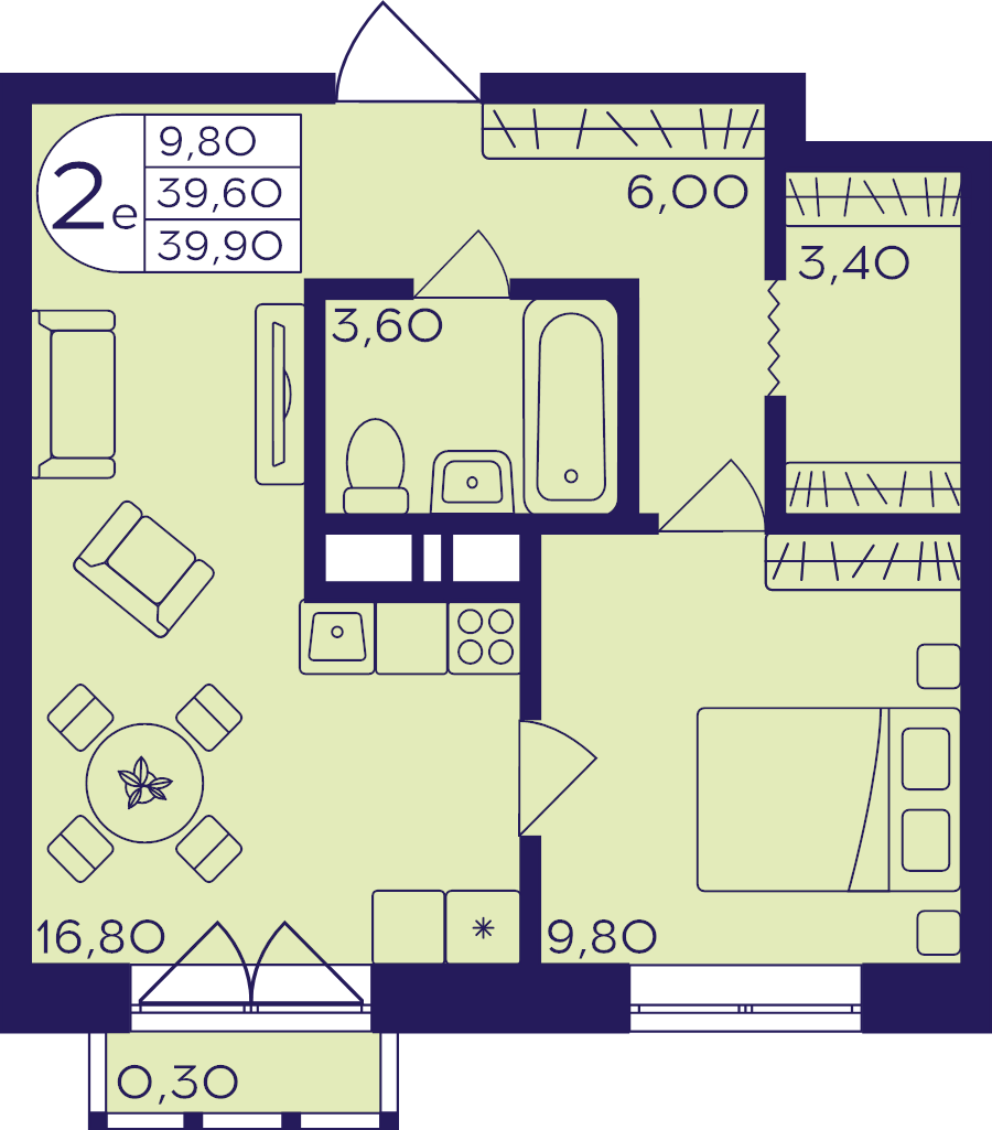 2 ккв (Евро) 39,9 м²
