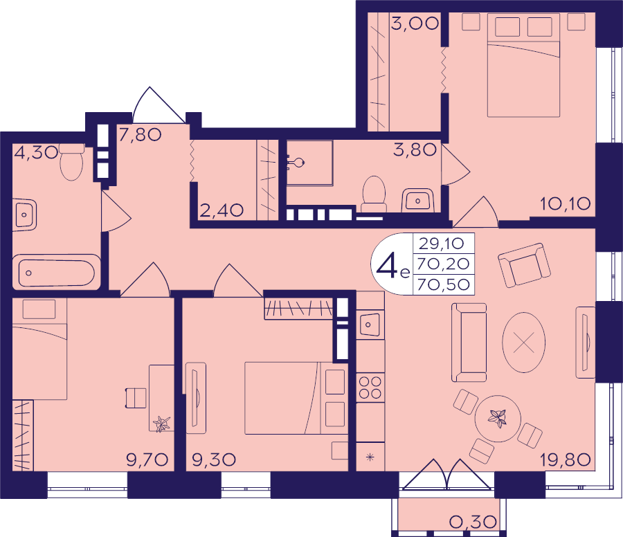 4 ккв (Евро) 70,5 м²