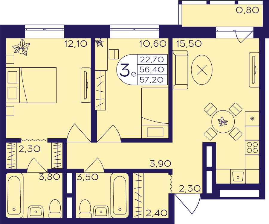 3 ккв (Евро) 57,2 м²