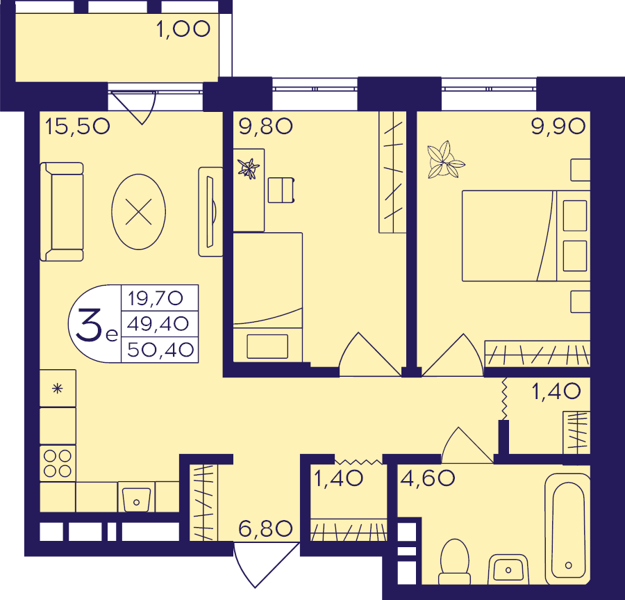 3 ккв (Евро) 50,4 м²