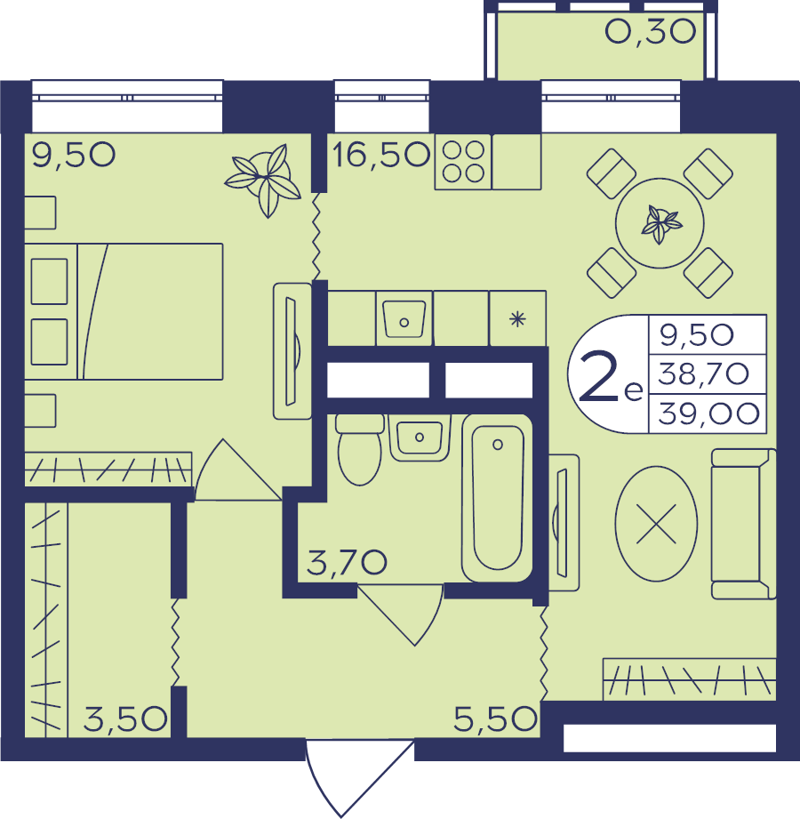 2 ккв (Евро) 39 м²
