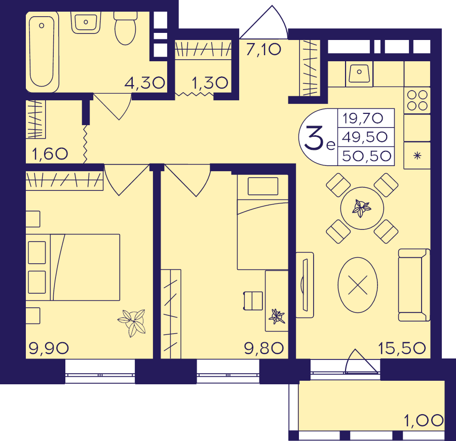 3 ккв (Евро) 50,5 м²