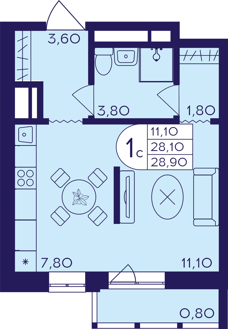 Студия 28,9 м²