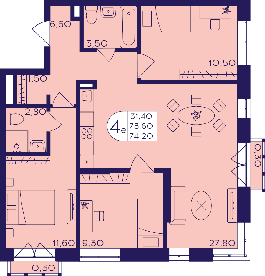 4 ккв (Евро) 74,2 м²