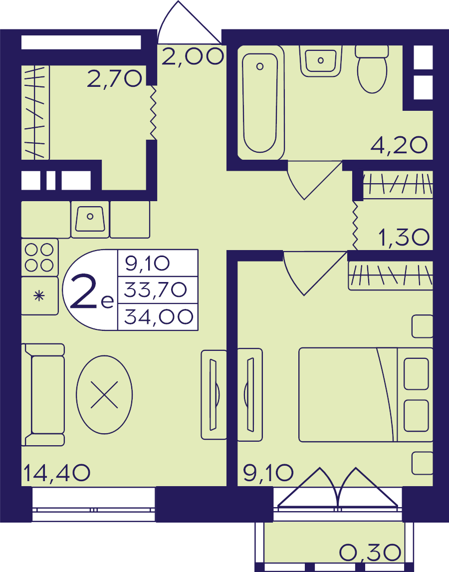 2 ккв (Евро) 34 м²