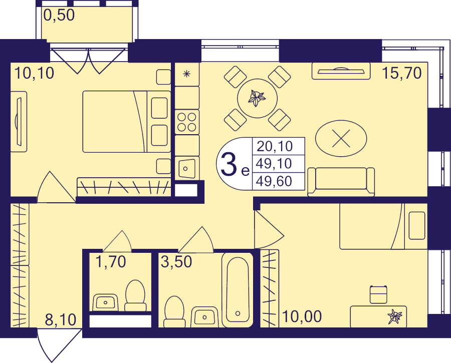 3 ккв (Евро) 49,6 м²