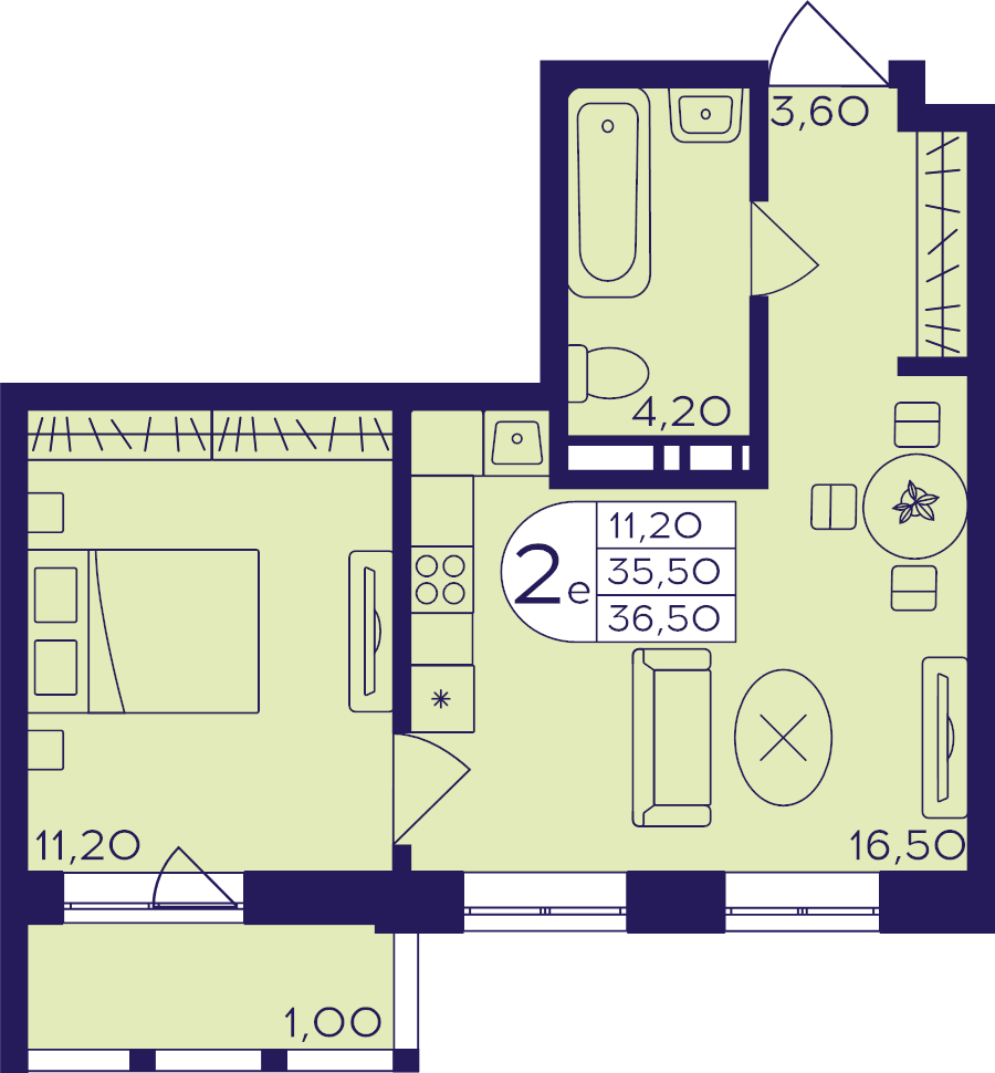 2 ккв (Евро) 36,5 м²