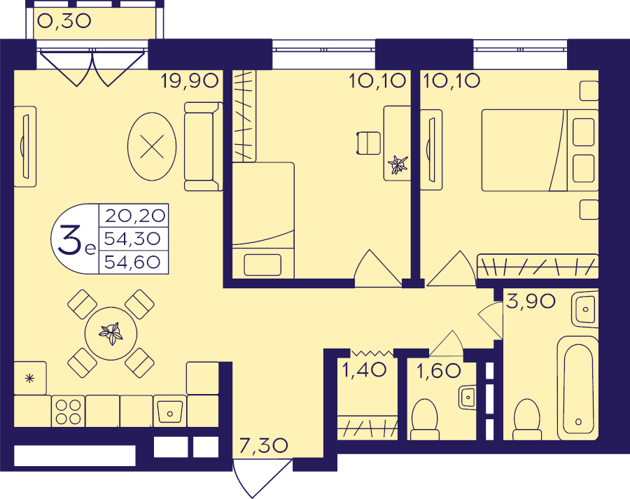 3 ккв (Евро) 54,6 м²