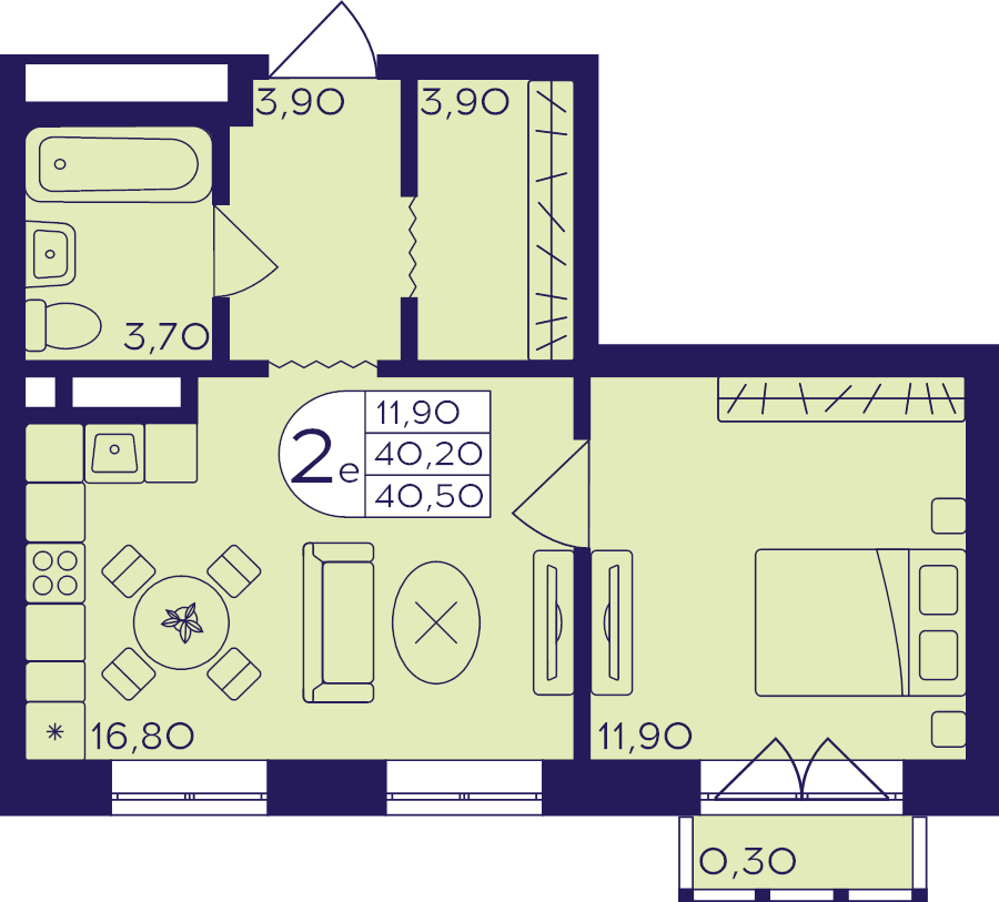 2 ккв (Евро) 40,5 м²