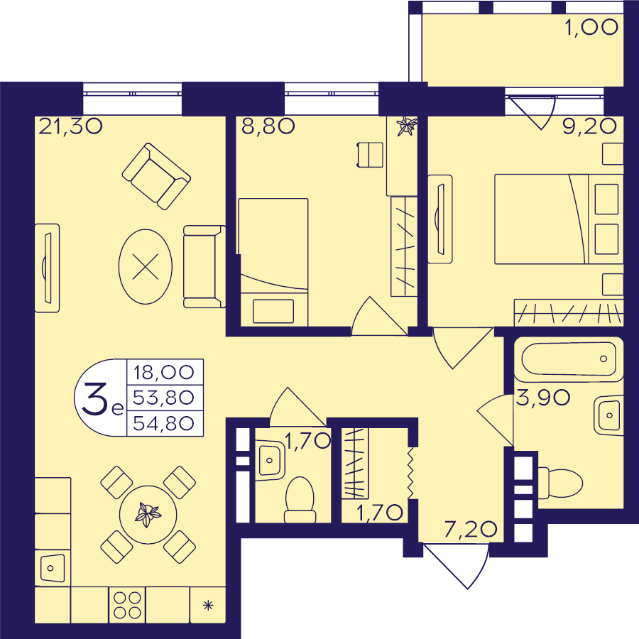 3 ккв (Евро) 54,8 м²