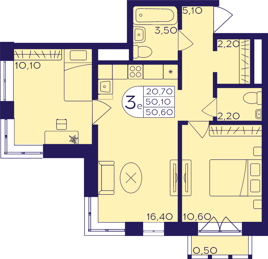 3 ккв (Евро) 50,6 м²
