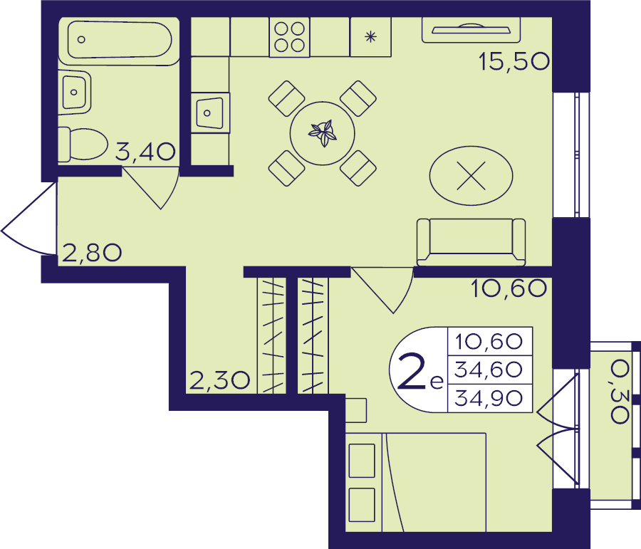 2 ккв (Евро) 34,9 м²