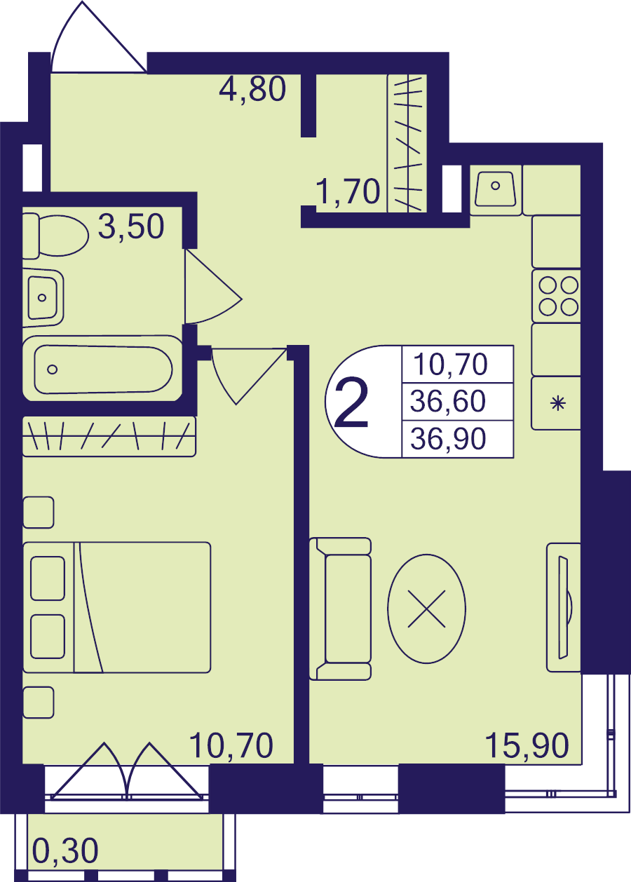 2 ккв (Евро) 36,9 м²
