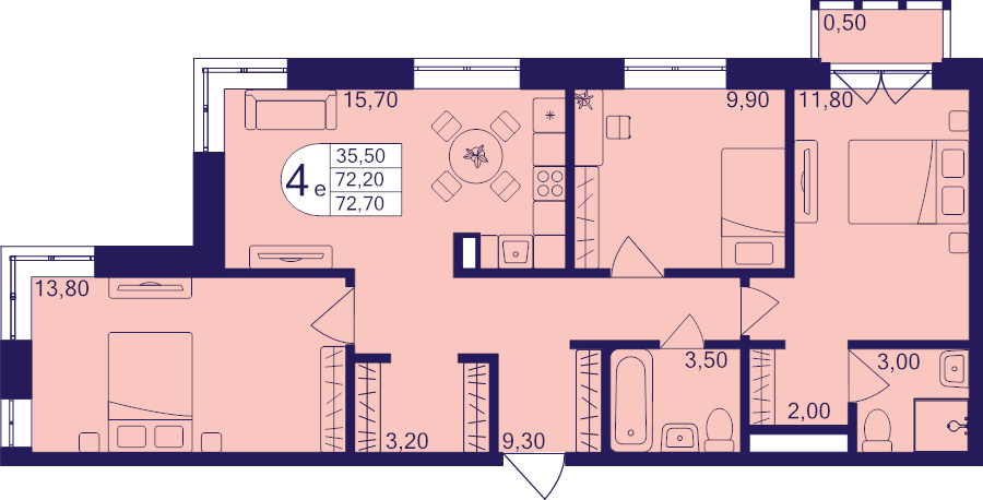 4 ккв (Евро) 72,7 м²