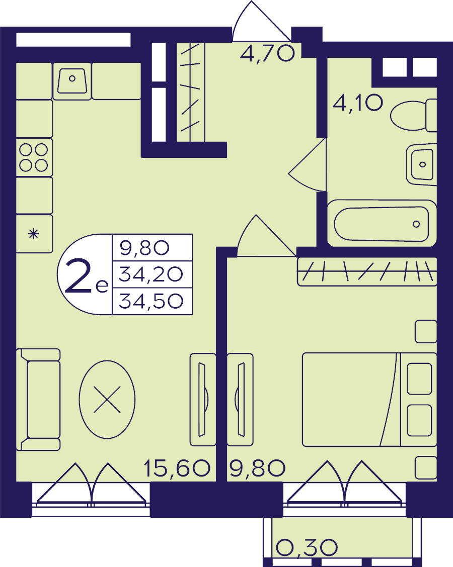 2 ккв (Евро) 34,5 м²