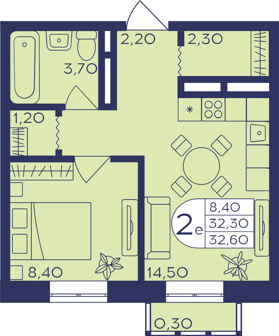 2 ккв (Евро) 32,6 м²