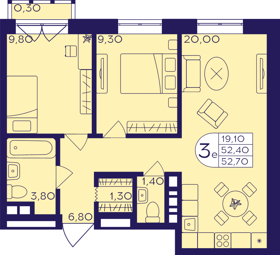 3 ккв (Евро) 52,7 м²