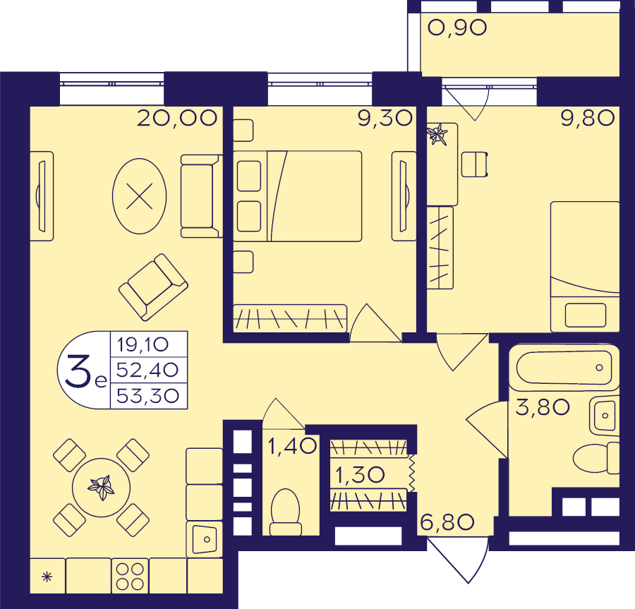 3 ккв (Евро) 53,3 м²