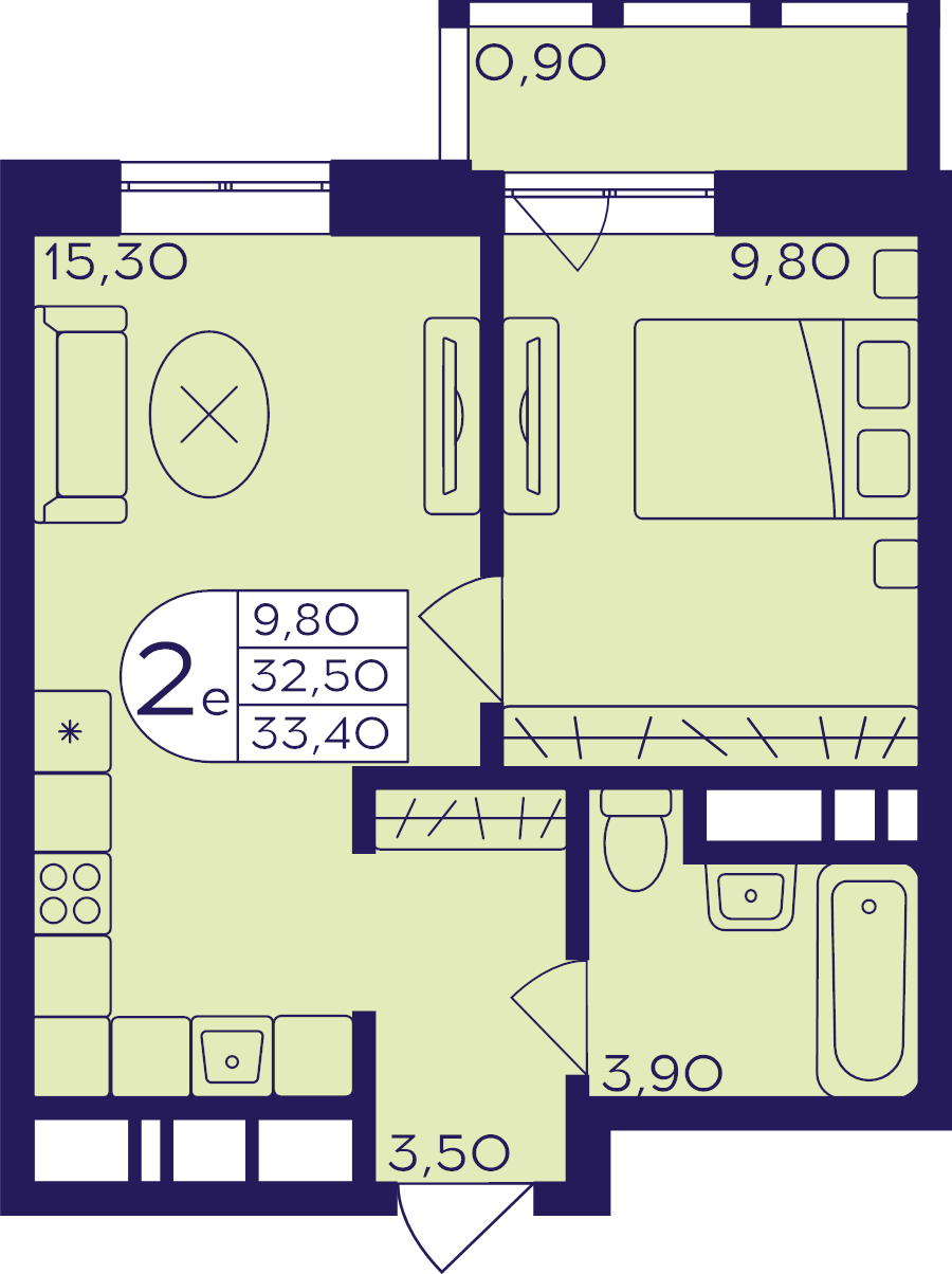 2 ккв (Евро) 33,4 м²