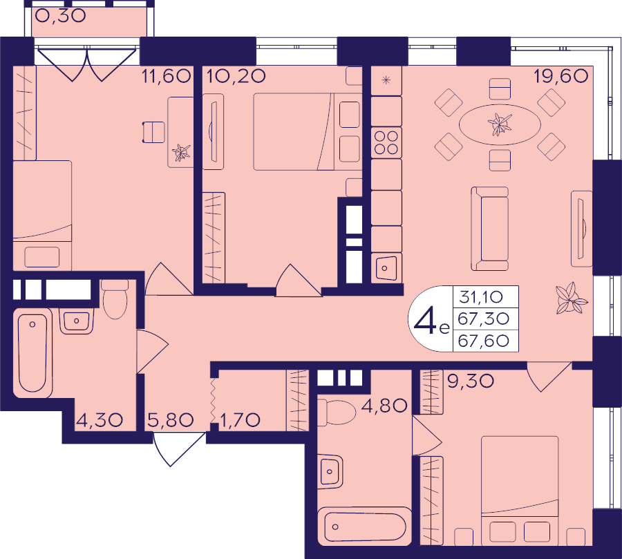 4 ккв (Евро) 67,6 м²