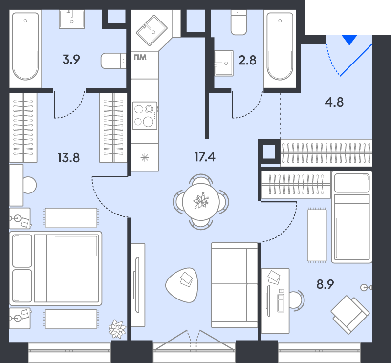 3 ккв (Евро) 51,6 м²