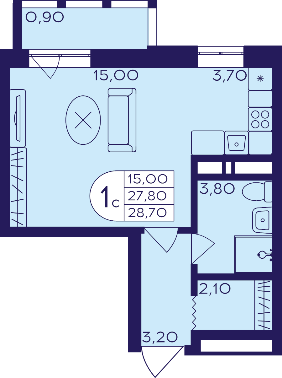 Студия 28,7 м²