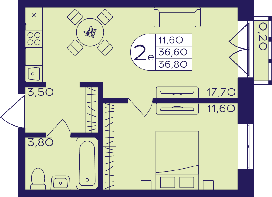 2 ккв (Евро) 36,8 м²