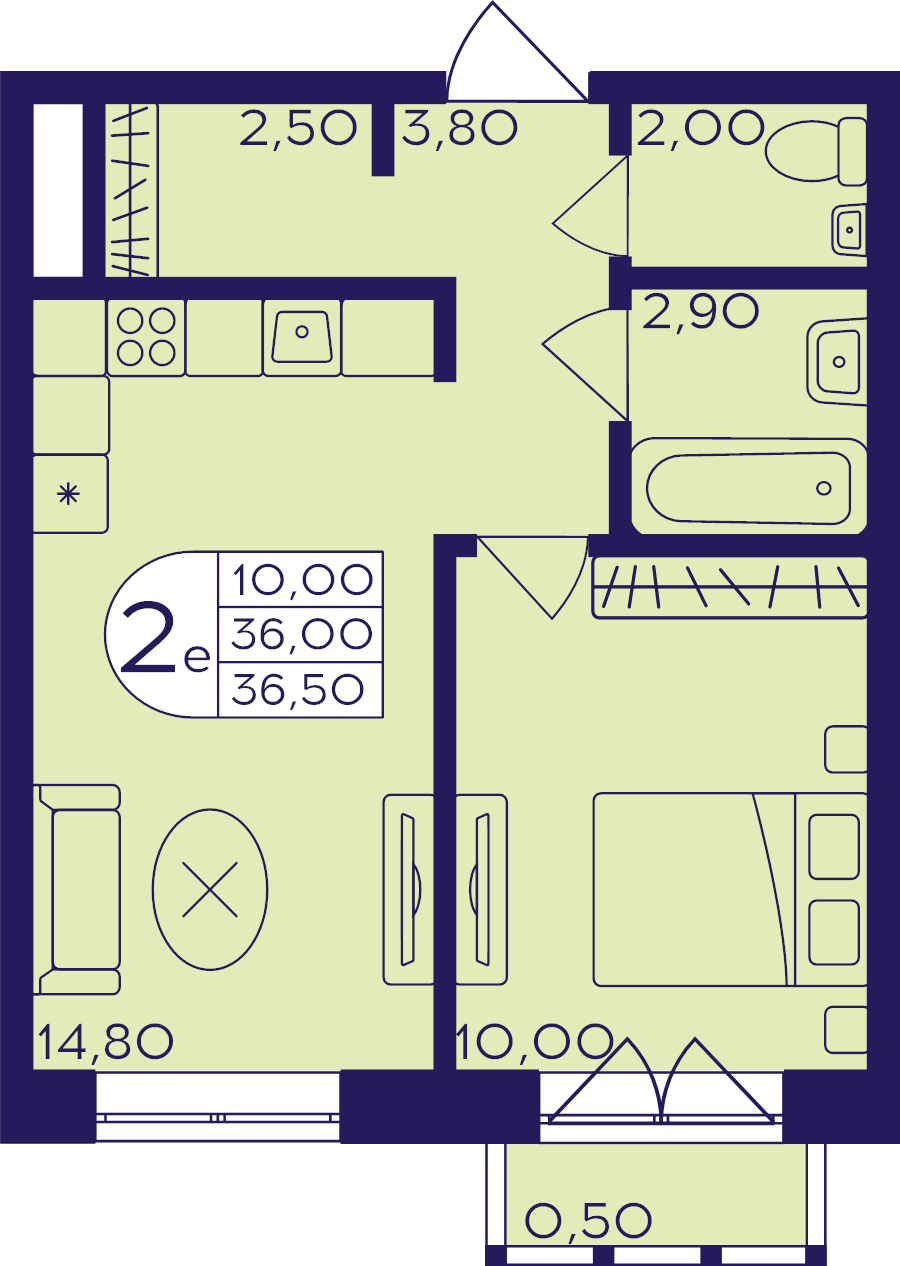 1 ккв 36,5 м²