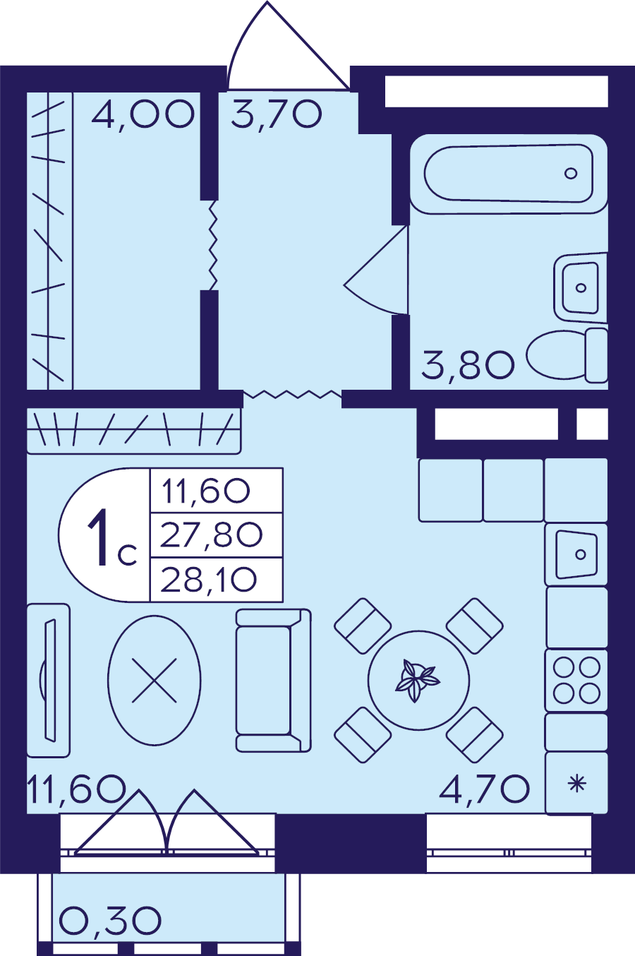 Студия 28,1 м²