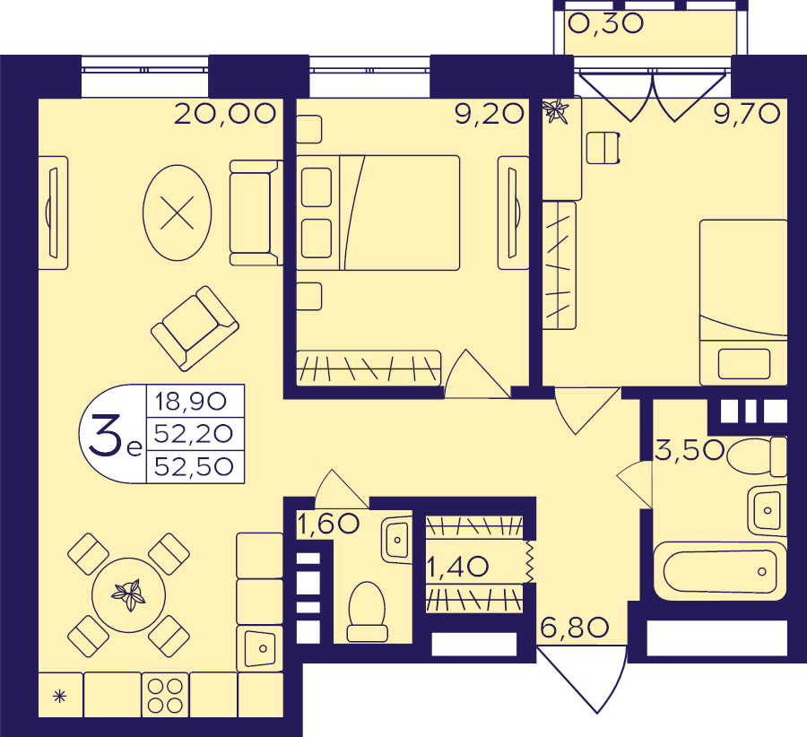 3 ккв (Евро) 52,5 м²