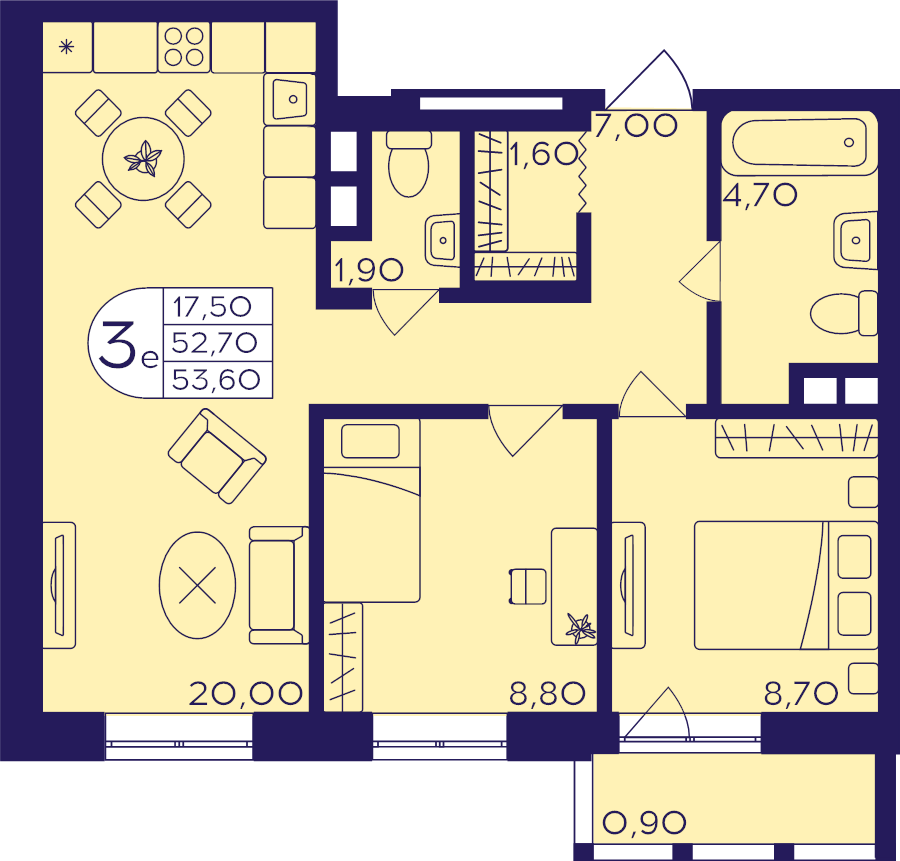 3 ккв (Евро) 53,6 м²