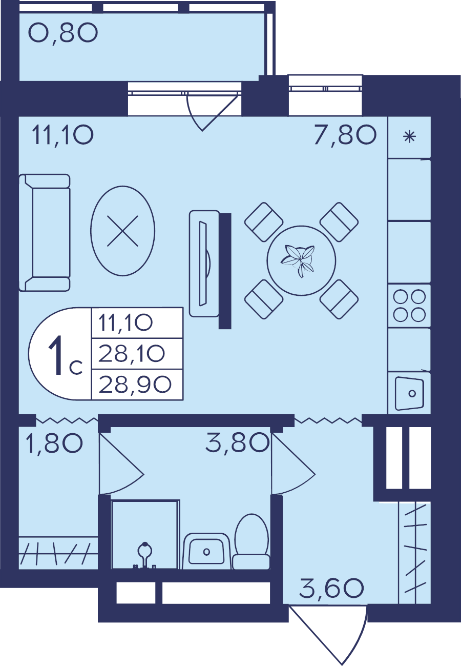 Студия 28,9 м²