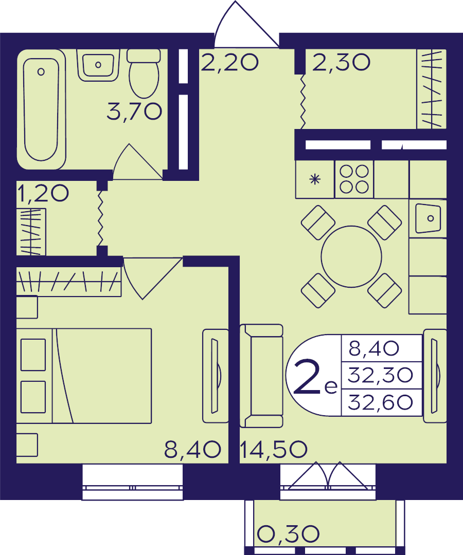 1 ккв 32,6 м²