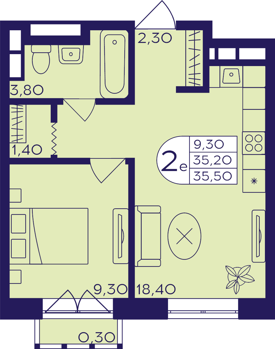 2 ккв (Евро) 35,5 м²