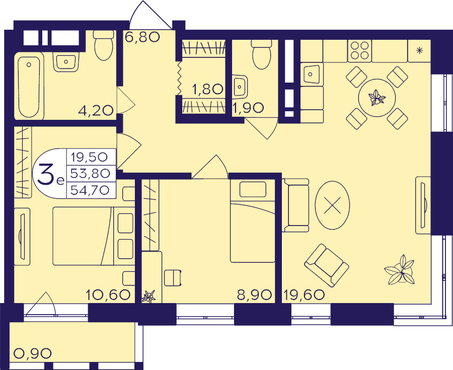3 ккв (Евро) 54,7 м²