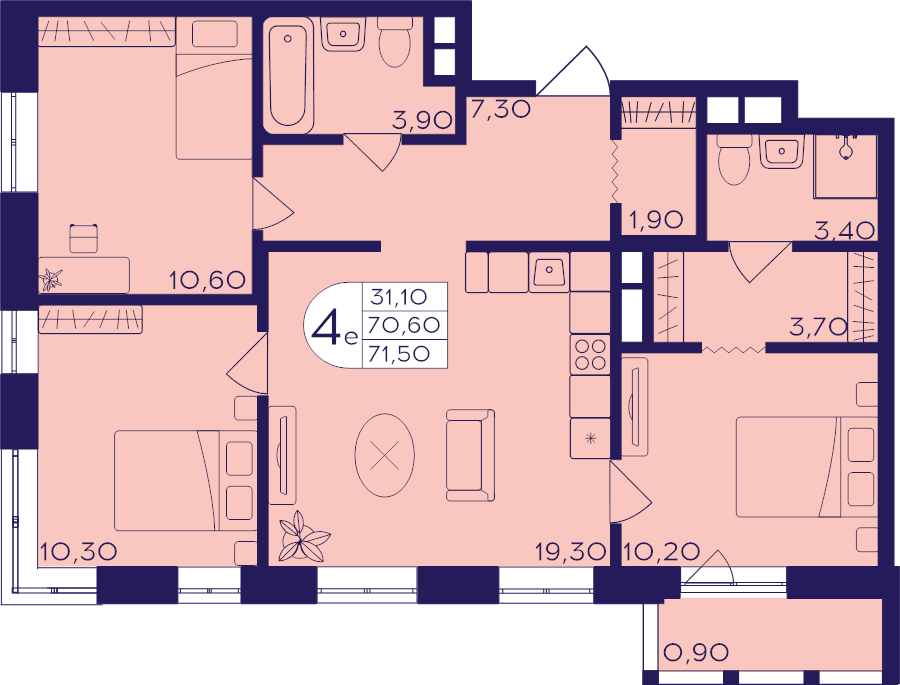 4 ккв (Евро) 71,5 м²
