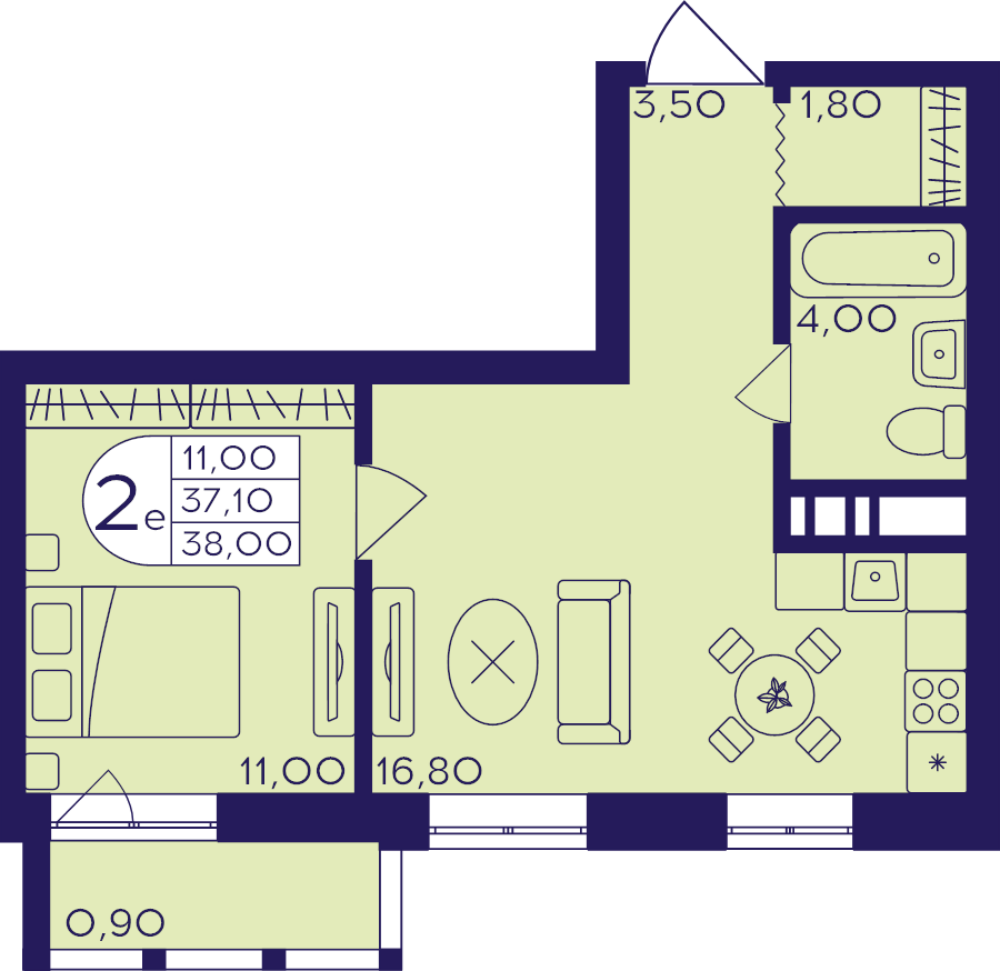 2 ккв (Евро) 38 м²