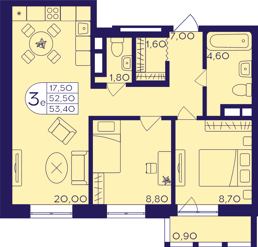 3 ккв (Евро) 53,4 м²