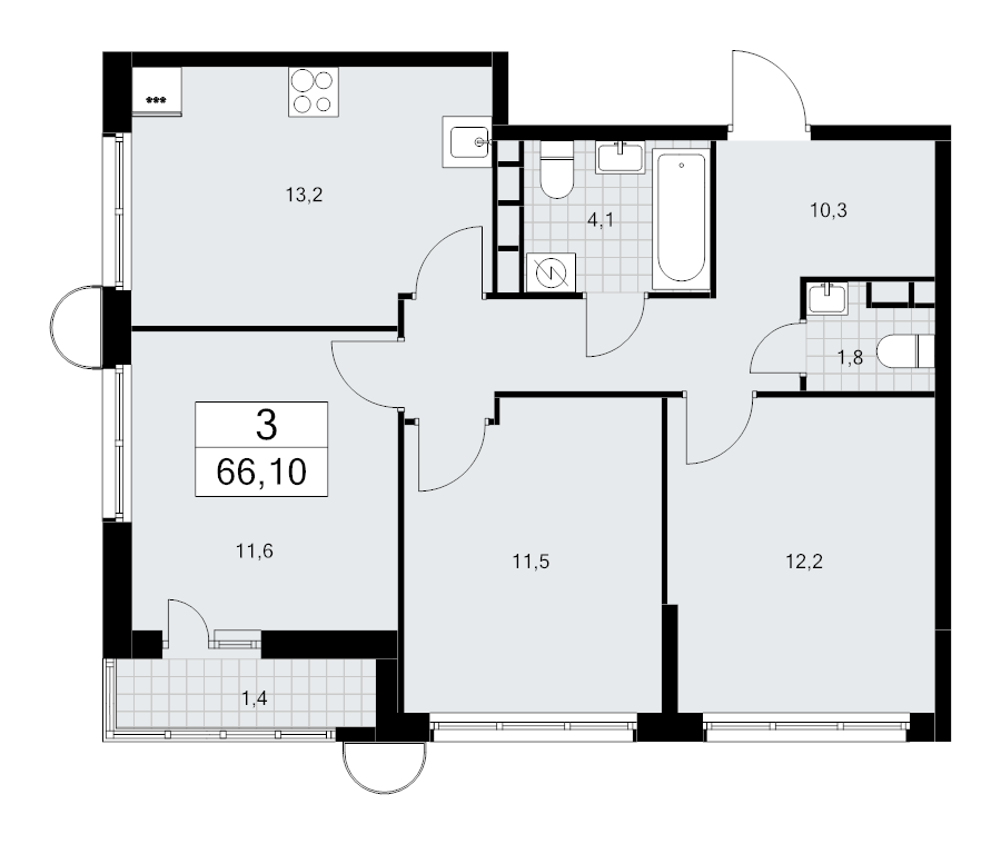 3 ккв 66,1 м²