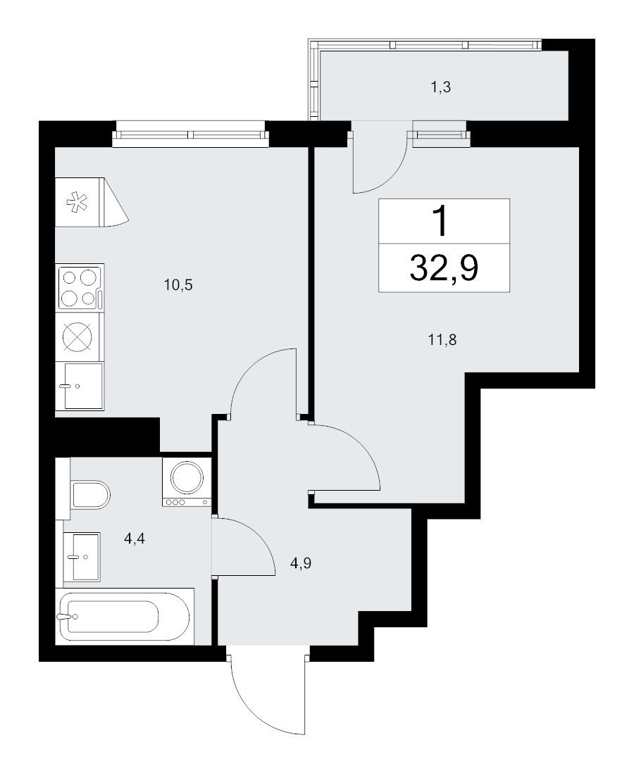1 ккв 32,9 м²