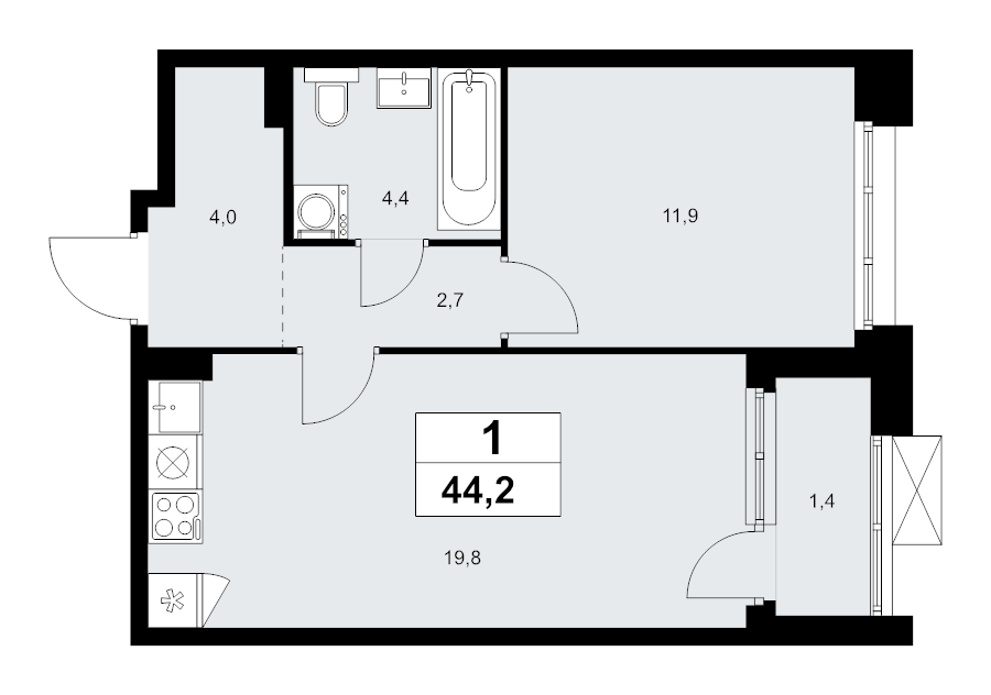2 ккв (Евро) 44,2 м²