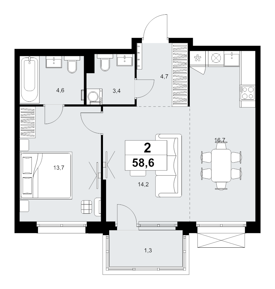 2 ккв (Евро) 58,6 м²