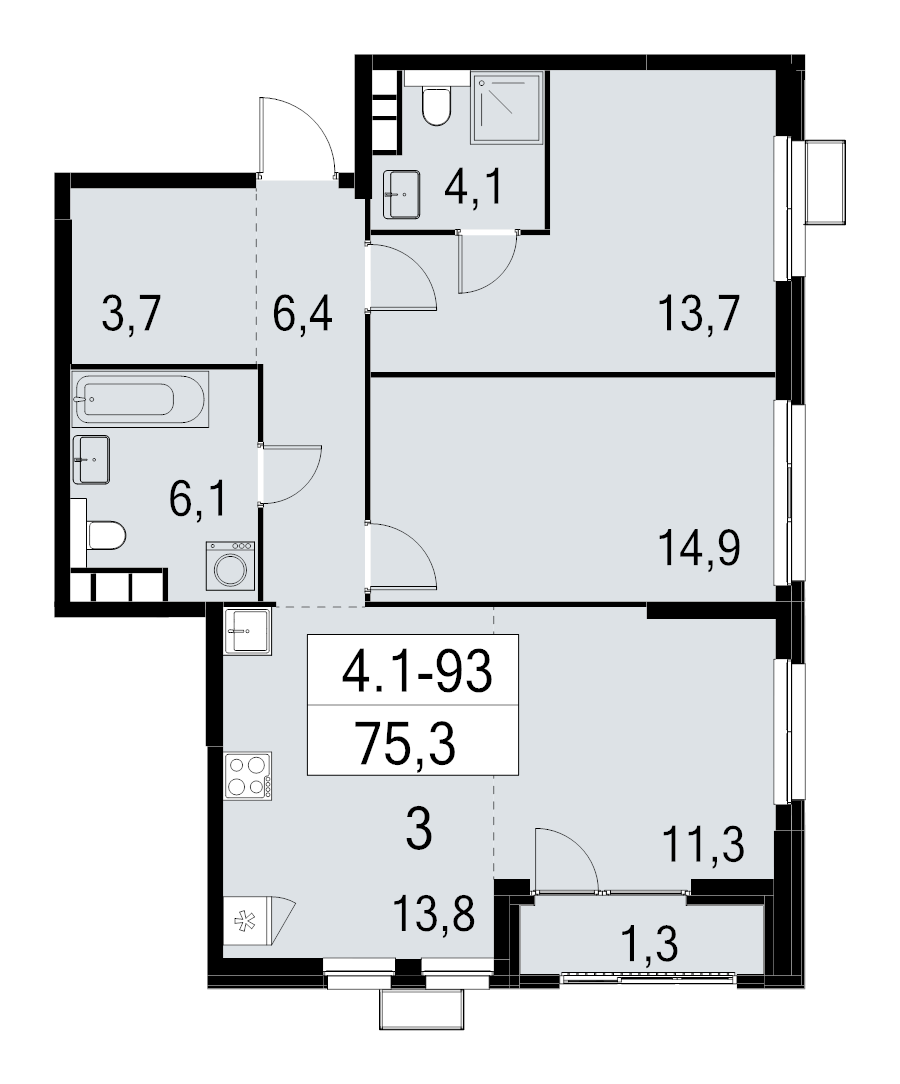3 ккв (Евро) 75,3 м²