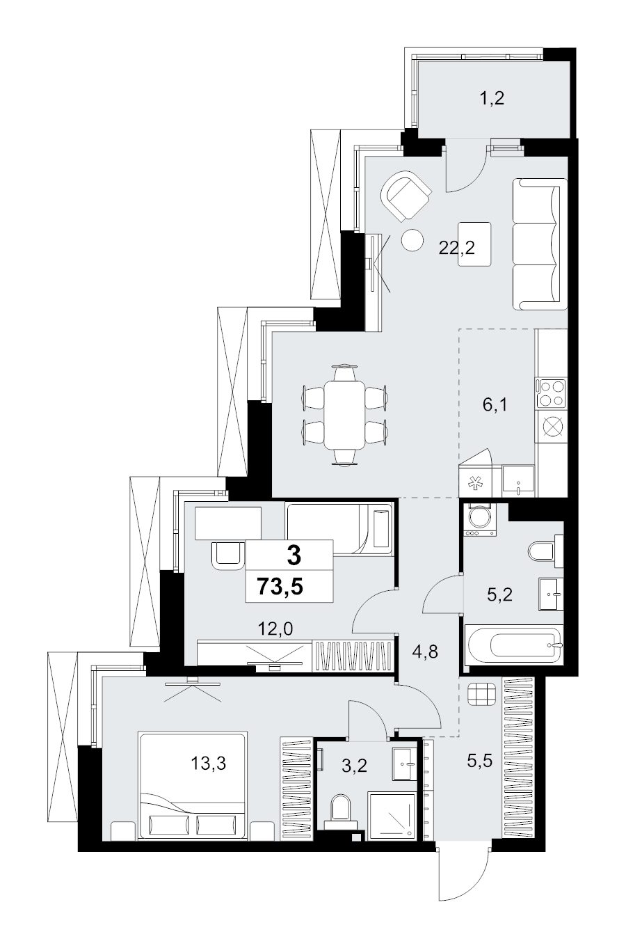 3 ккв (Евро) 73,5 м²