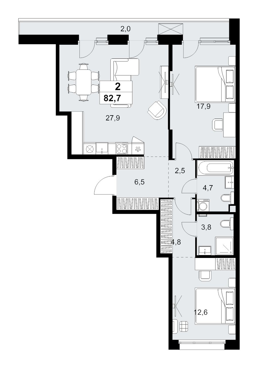 3 ккв (Евро) 82,7 м²